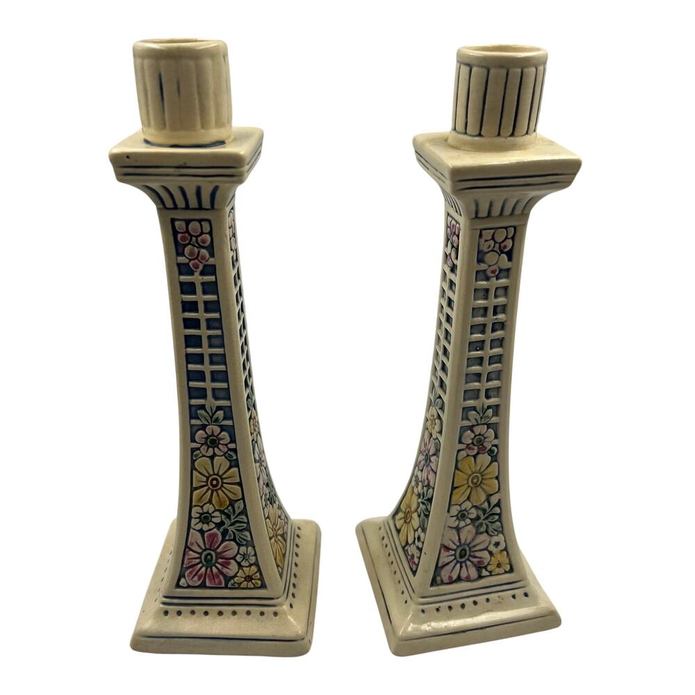 Weller Pottery Florala Tall Candlestick Holders 11.5” Antique Flower & Lattice